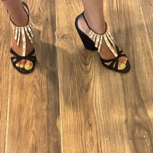 Giuseppe black velvet with stones wedge heels